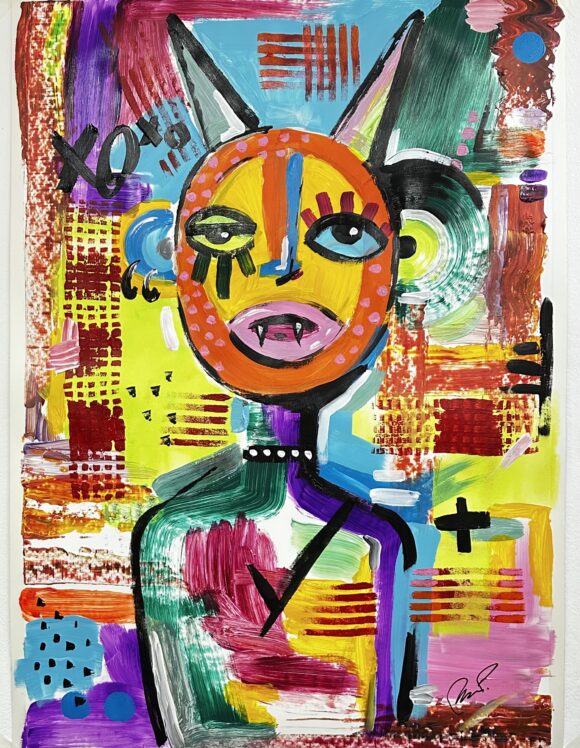 Pintura acrílica Unshakable de Marta Pinto com figura expressiva em cores vibrantes e fundo artístico multicolorido